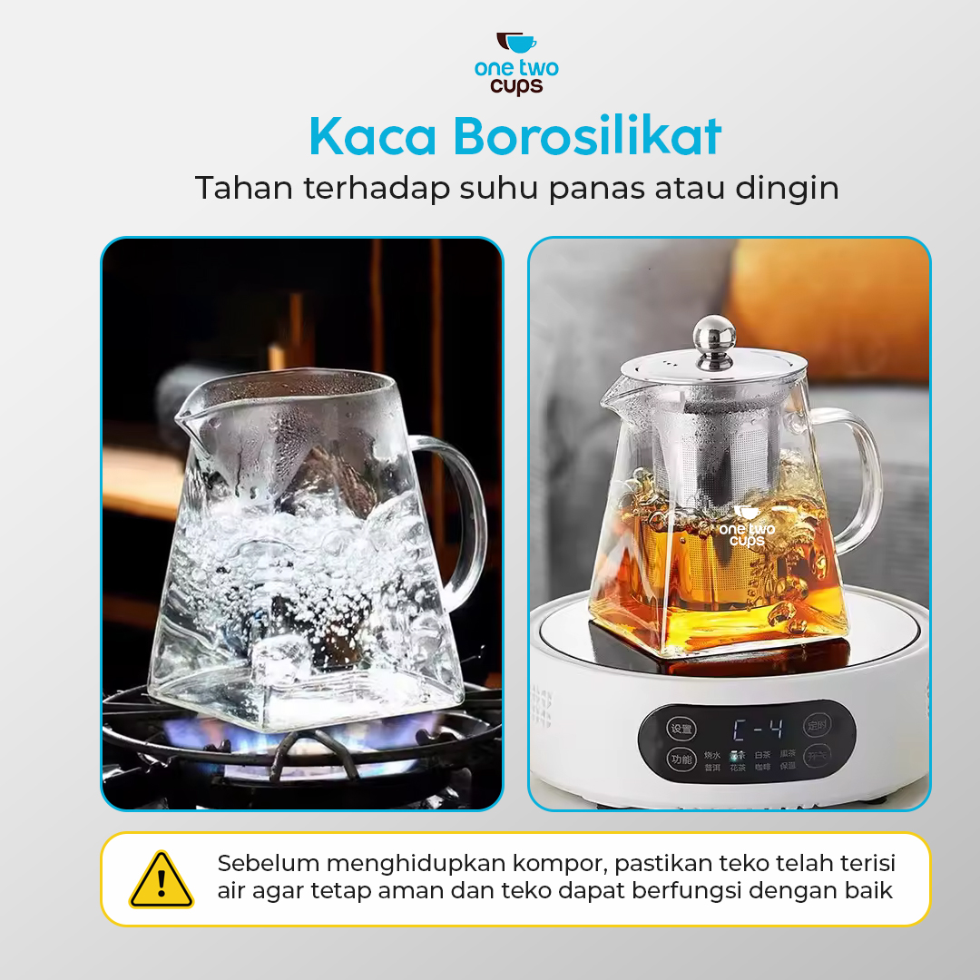 Gambar produk One Two Cups Teko Teh Kaca Saringan Tahan Panas Api Infuser Teapot 750ml - TP-761
