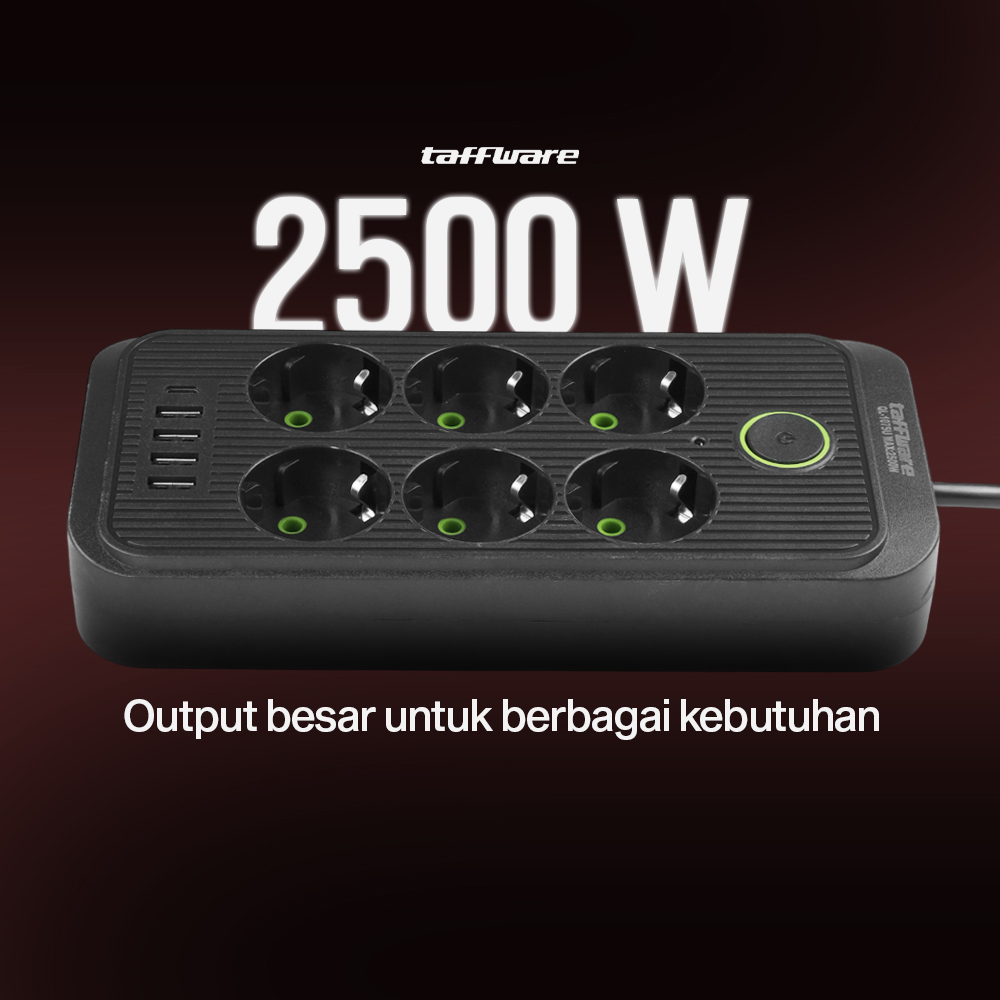 Gambar produk Taffware Stop Kontak Kabel USB Type C 10A 110-250V 2500W 1.8M 6 Lubang - QL-1075U