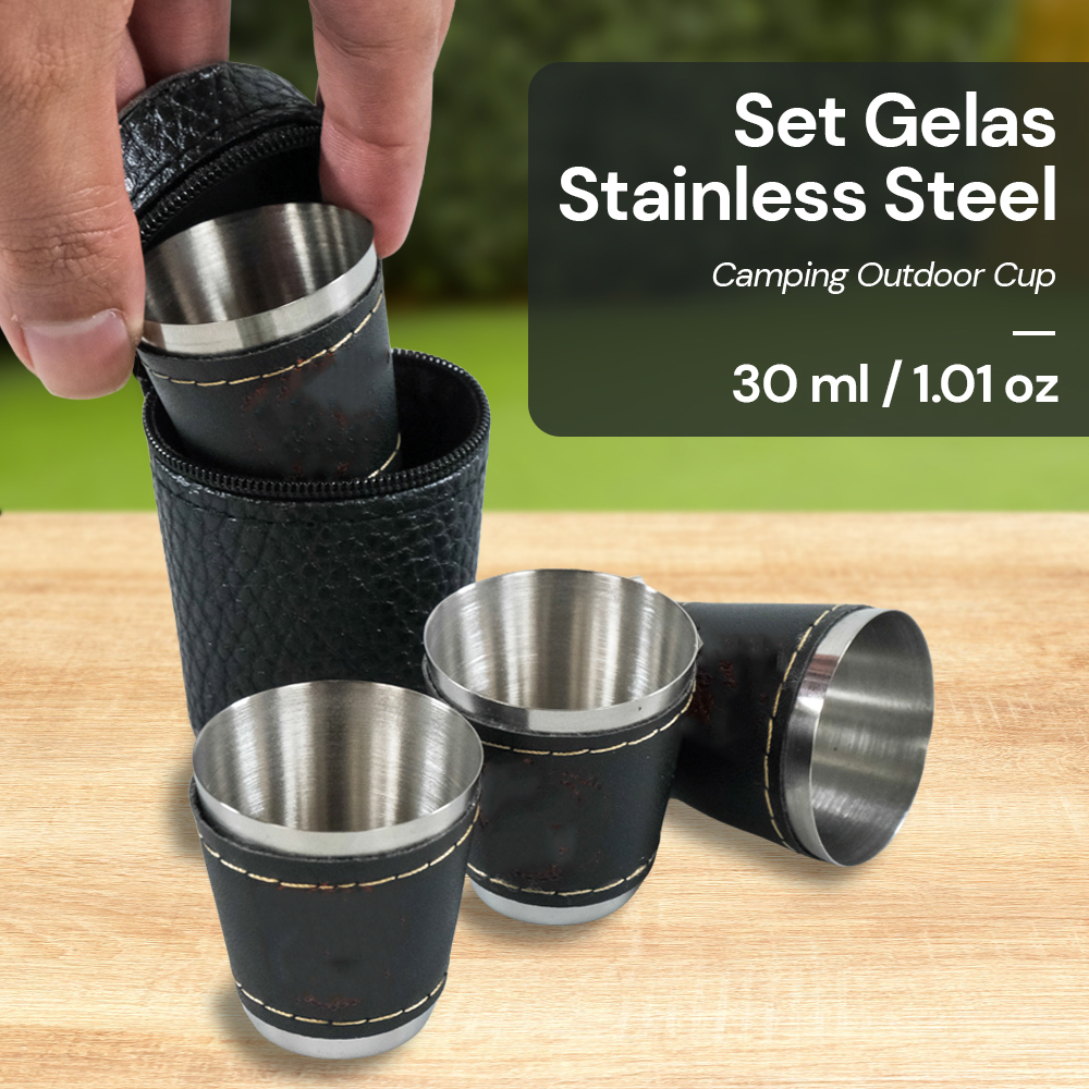 MOONBIFFY Set Gelas Camping Stainless Steel Travel Mug 30ml 4 PCS - MB317 Gambar produk MOONBIFFY Set Gelas Camping Stainless Steel Travel Mug 30ml 4 PCS - MB317