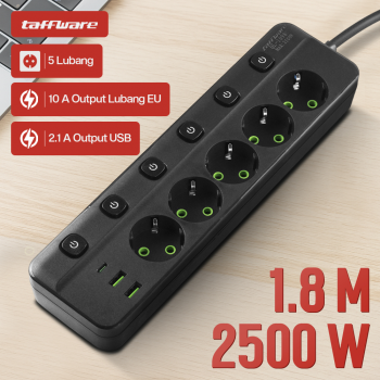 Taffware Stop Kontak 5 Lubang USB Type C EU Plug 10A 110-250V 2500W - QL-1098U