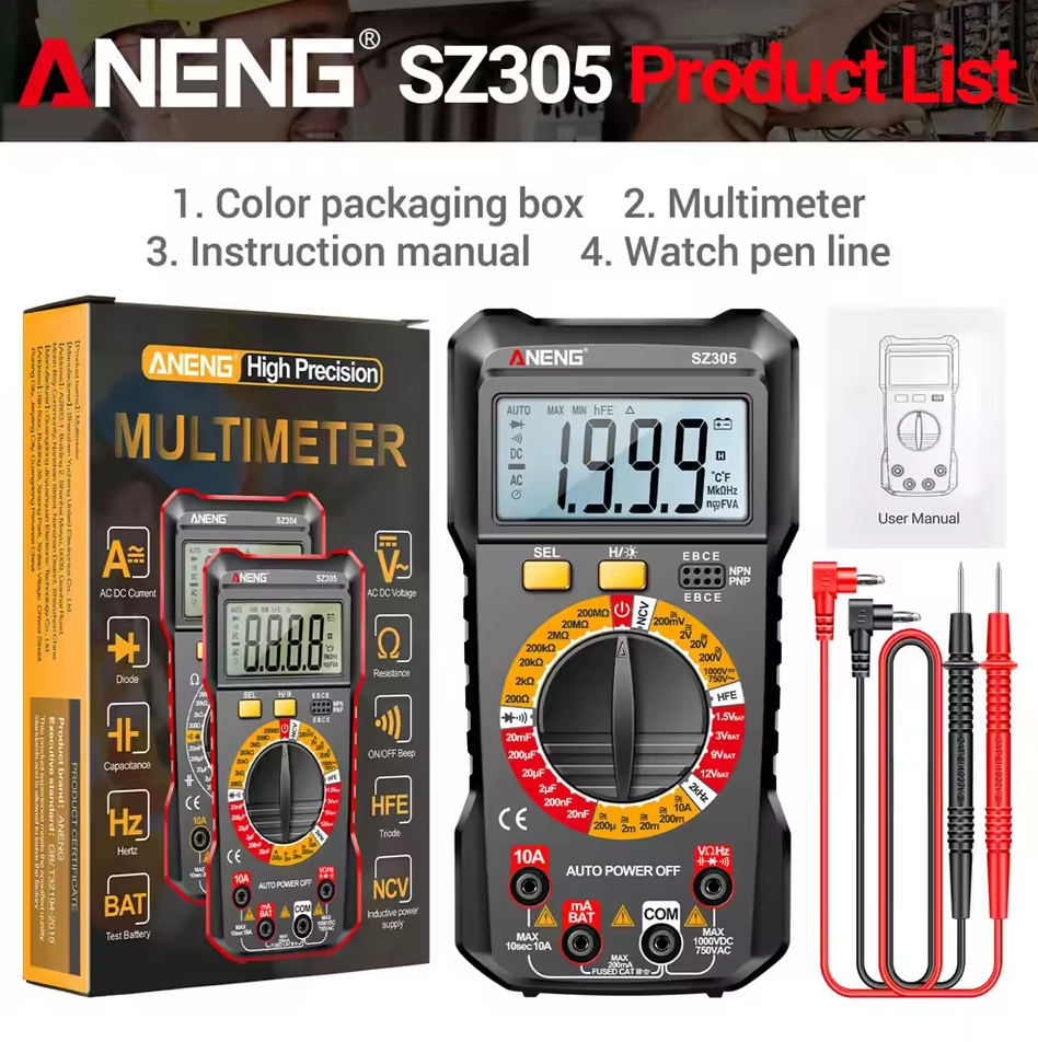 ANENG Digital Multimeter Voltage Tester 1999 Count NCV Triode - SZ305 Gambar produk ANENG Digital Multimeter Voltage Tester 1999 Count NCV Triode - SZ305