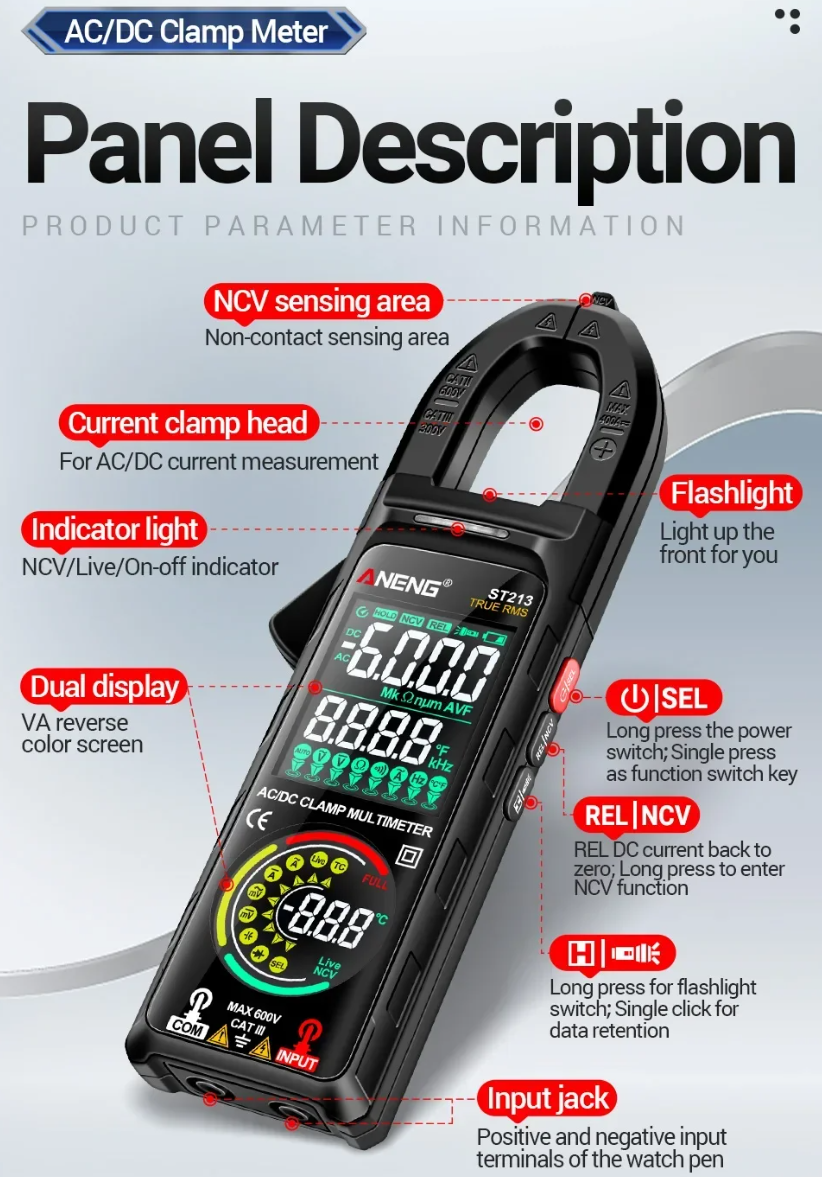 ANENG Clamp Meter Digital Multimeter 6000 Count Dual Screen NCV Tester - ST213 Gambar produk ANENG Clamp Meter Digital Multimeter 6000 Count Dual Screen NCV Tester - ST213