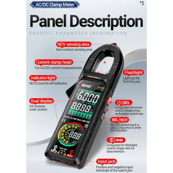 Gambar produk ANENG Clamp Meter Digital Multimeter 6000 Count Dual Screen NCV Tester - ST213