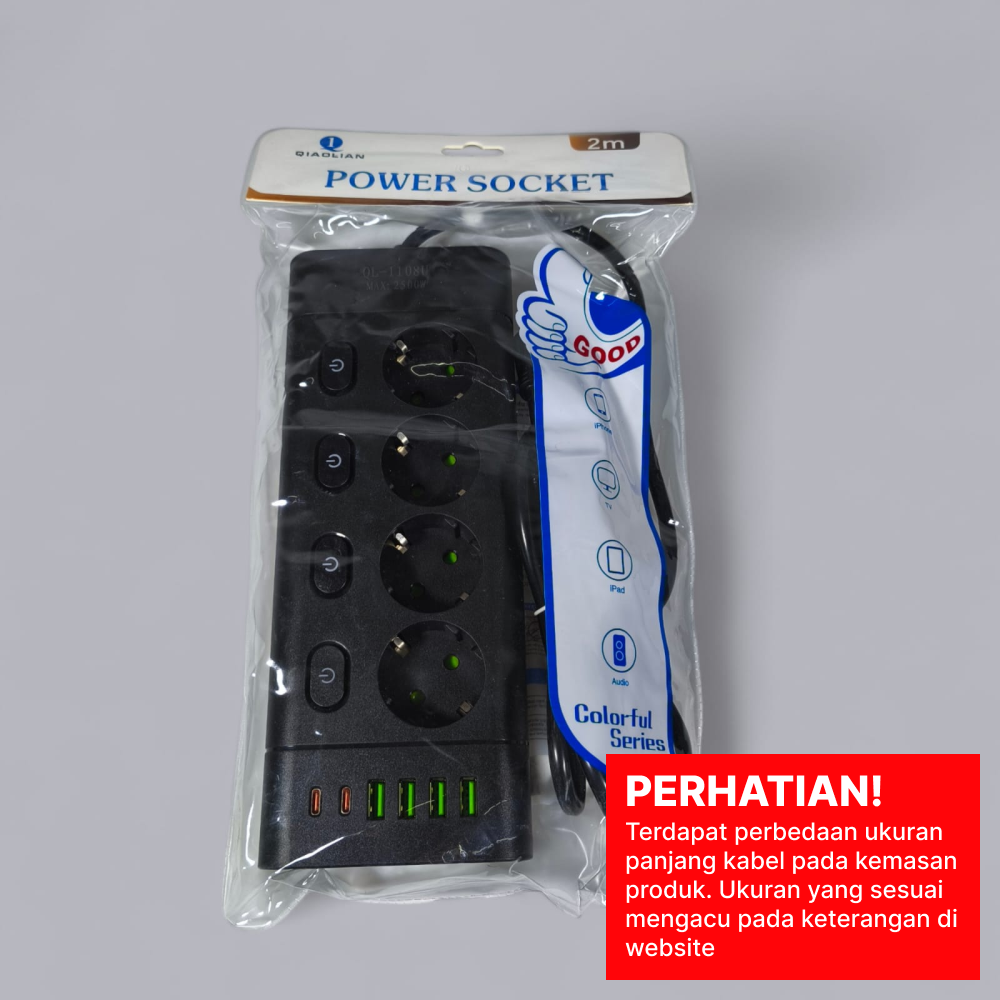 QIAOLIAN Stop Kontak Kabel USB Type C 10A 110-250V 2500W 1.9M 4 Lubang - QL-1108U Gambar produk QIAOLIAN Stop Kontak Kabel USB Type C 10A 110-250V 2500W 1.9M 4 Lubang - QL-1108U