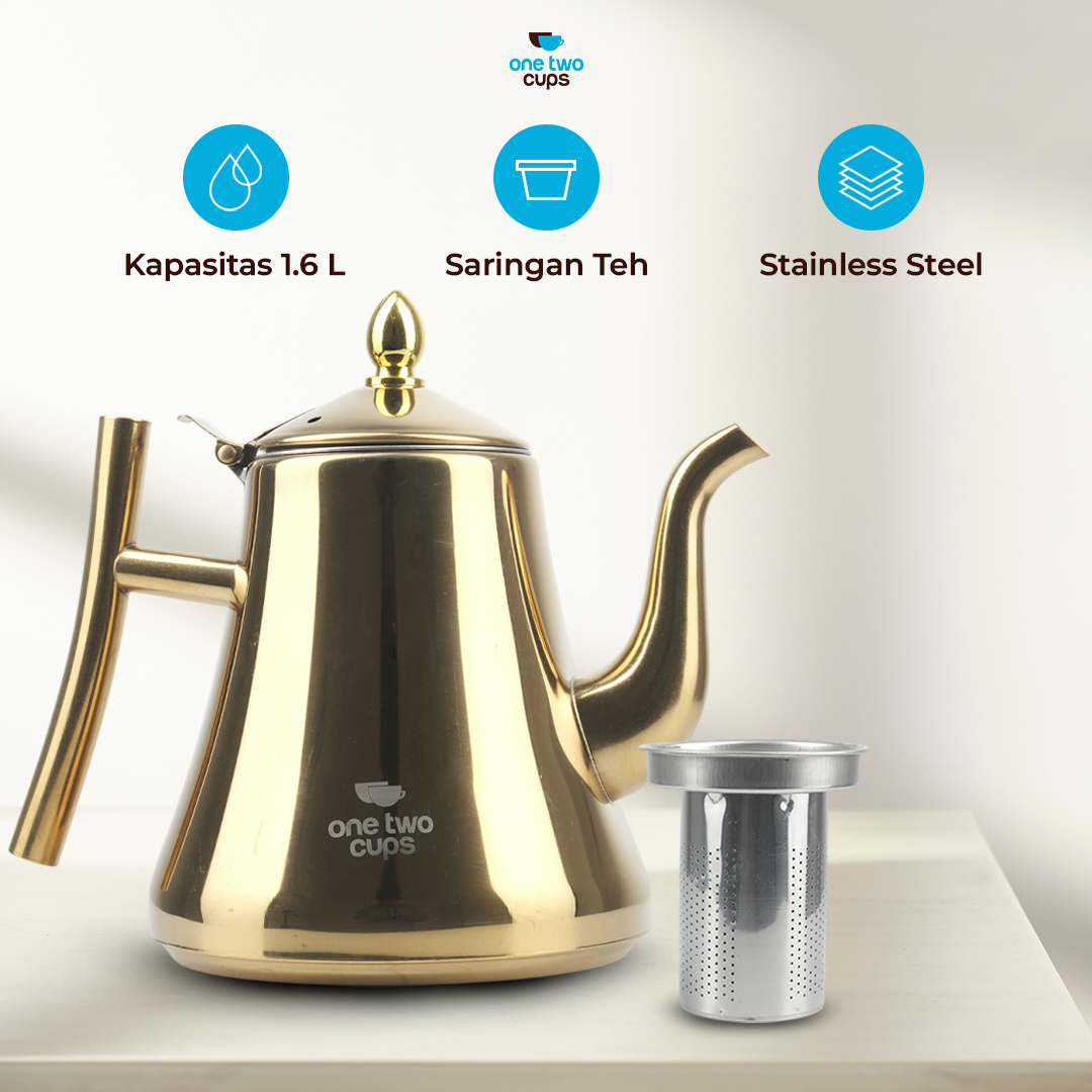 One Two Cups Teko Teh Stainless Steel Saringan Teapot 1.6L - HS4012 Gambar produk One Two Cups Teko Teh Stainless Steel Saringan Teapot 1.6L - HS4012