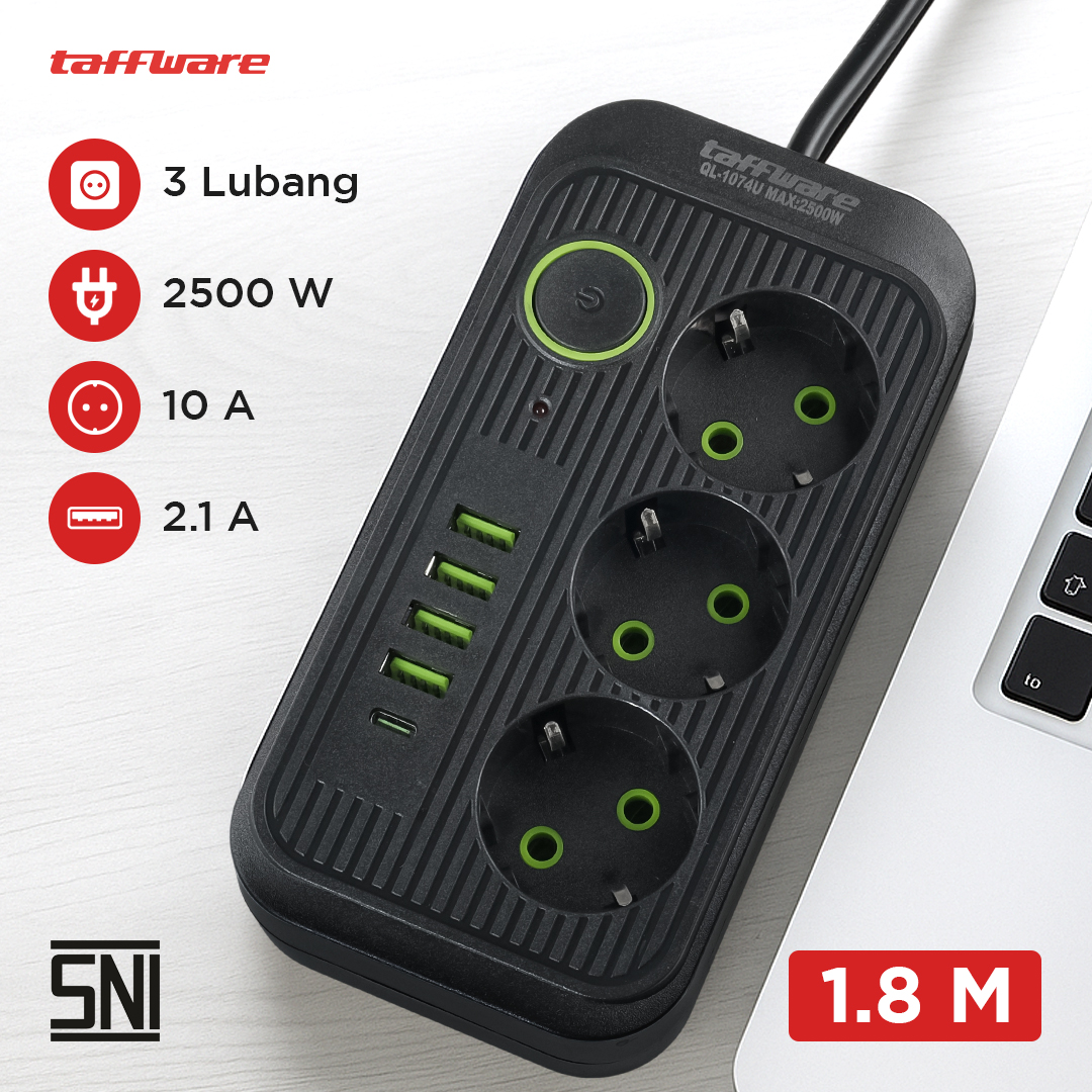 Gambar produk Taffware Stop Kontak Kabel USB Type C 10A 250V 2500W 1.8M 3 Lubang - QL-1074U