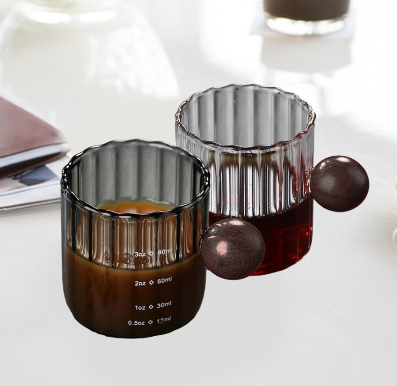 KEMORELA Gelas Takar Kopi Measuring Wooden Round Beads Glass 90ml - KS13 Gambar produk KEMORELA Gelas Takar Kopi Measuring Wooden Round Beads Glass 90ml - KS13