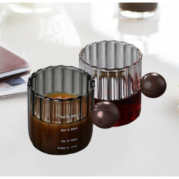 Gambar produk KEMORELA Gelas Takar Kopi Measuring Wooden Round Beads Glass 90ml - KS13