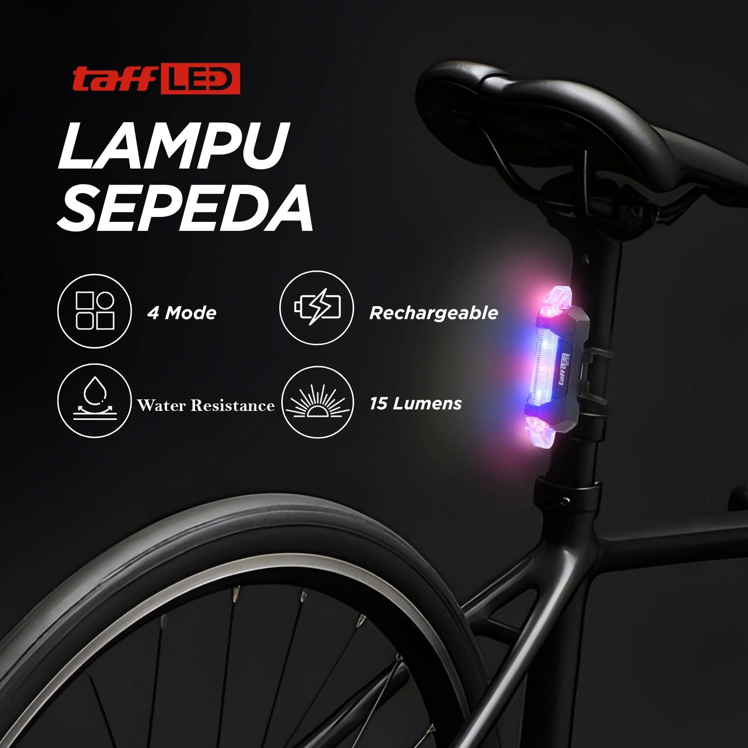 TaffLED Lampu Belakang Sepeda Bicycle Light USB Rechargeable 15 Lumens - DC-918 Gambar produk TaffLED Lampu Belakang Sepeda Bicycle Light USB Rechargeable 15 Lumens - DC-918
