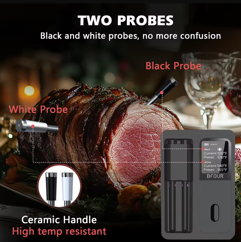 BFOUR Termometer Makanan Digital Daging BBQ Bluetooth Screen 2 Probe - BF-40 Gambar produk BFOUR Termometer Makanan Digital Daging BBQ Bluetooth Screen 2 Probe - BF-40