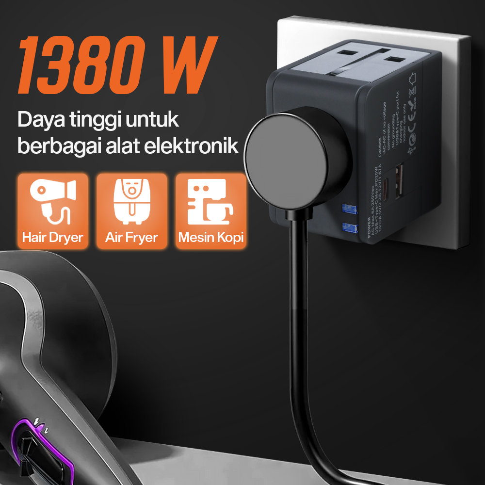 TRAVOR Universal Travel Adaptor Colokan Charger Adapter USB PD 1380W - TR020 Gambar produk TRAVOR Universal Travel Adaptor Colokan Charger Adapter USB PD 1380W - TR020