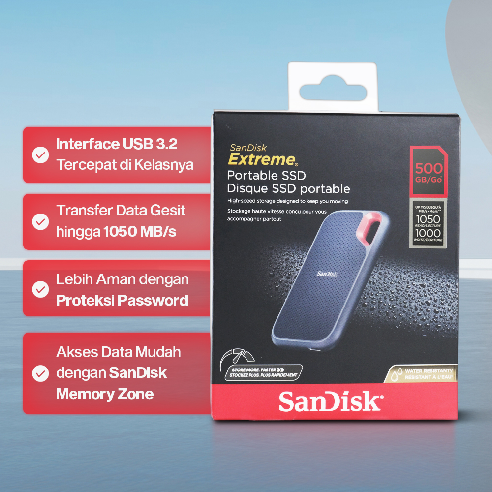 SanDisk Extreme Portable SSD 1050MB/s USB Type C 3.2 500GB - SDSSDE61 Gambar produk SanDisk Extreme Portable SSD 1050MB/s USB Type C 3.2 500GB - SDSSDE61