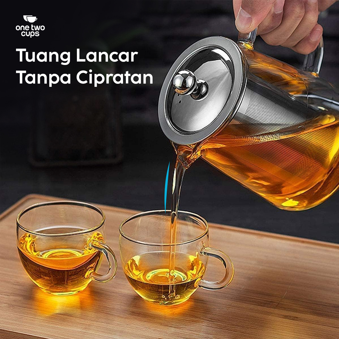 One Two Cups Teko Teh Kaca Saringan Tahan Panas Api Infuser Teapot 950ml - TP-760 Gambar produk One Two Cups Teko Teh Kaca Saringan Tahan Panas Api Infuser Teapot 950ml - TP-760