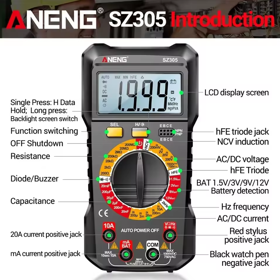 ANENG Digital Multimeter Voltage Tester 1999 Count NCV Triode - SZ305 Gambar produk ANENG Digital Multimeter Voltage Tester 1999 Count NCV Triode - SZ305