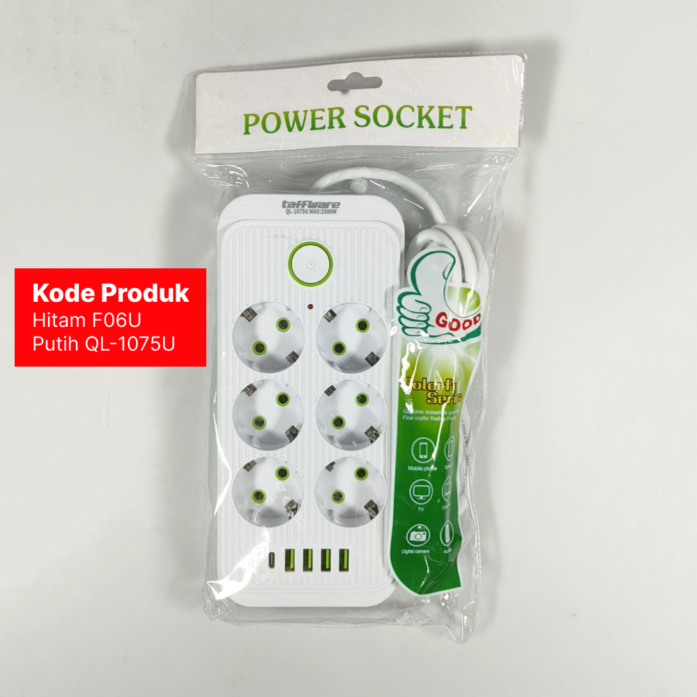 Taffware Stop Kontak Kabel USB Type C 10A 110-250V 2500W 1.8M 6 Lubang - F06U/QL-1075U Gambar produk Taffware Stop Kontak Kabel USB Type C 10A 110-250V 2500W 1.8M 6 Lubang - F06U/QL-1075U
