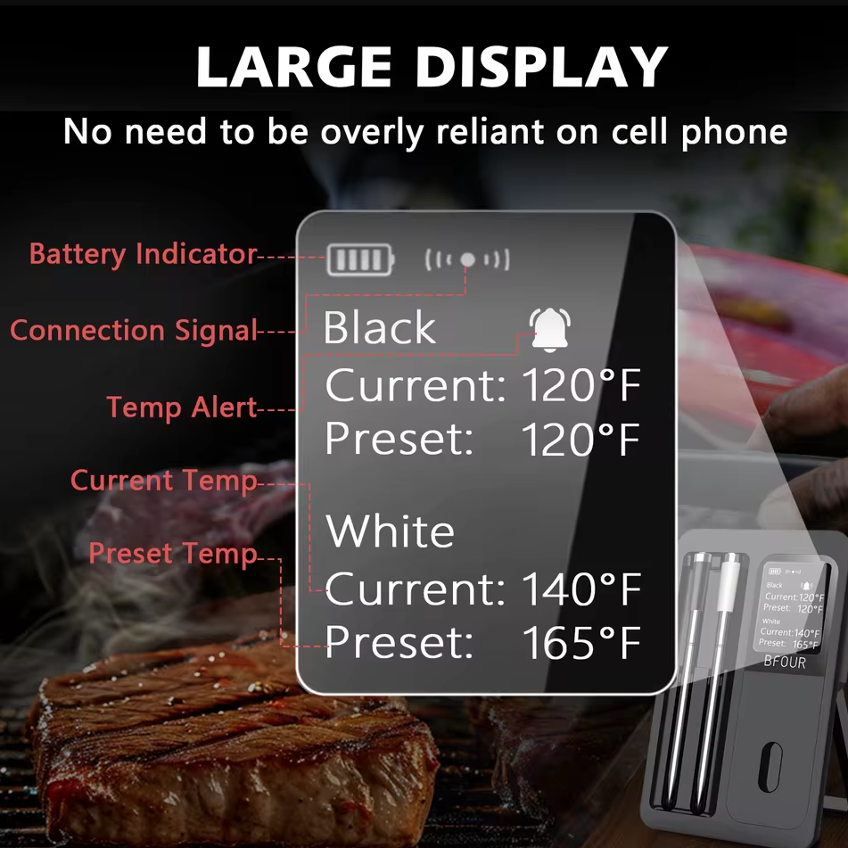 BFOUR Termometer Makanan Digital Daging BBQ Bluetooth Screen 2 Probe - BF-40 Gambar produk BFOUR Termometer Makanan Digital Daging BBQ Bluetooth Screen 2 Probe - BF-40