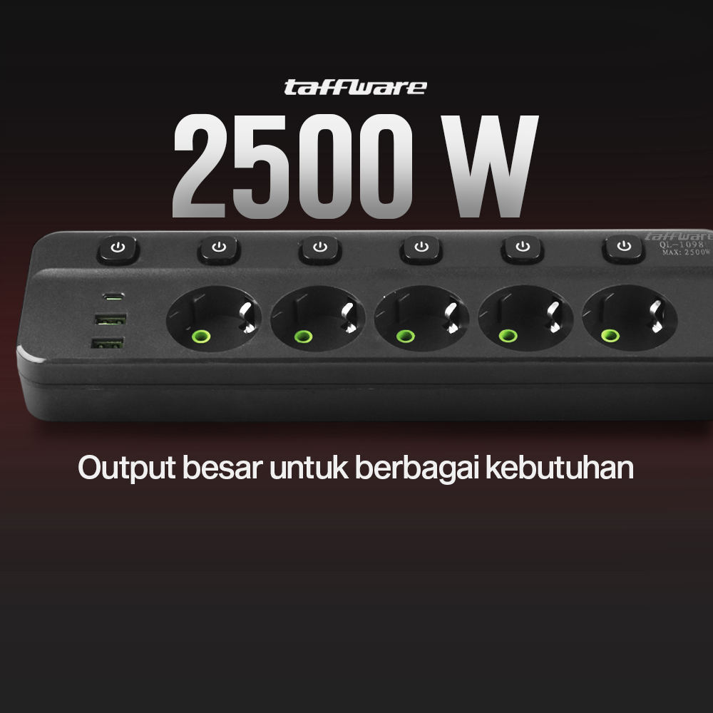Taffware Stop Kontak Kabel USB Type C 10A 110-250V 2500W 1.8M 5 Lubang - QL-1098U Gambar produk Taffware Stop Kontak Kabel USB Type C 10A 110-250V 2500W 1.8M 5 Lubang - QL-1098U