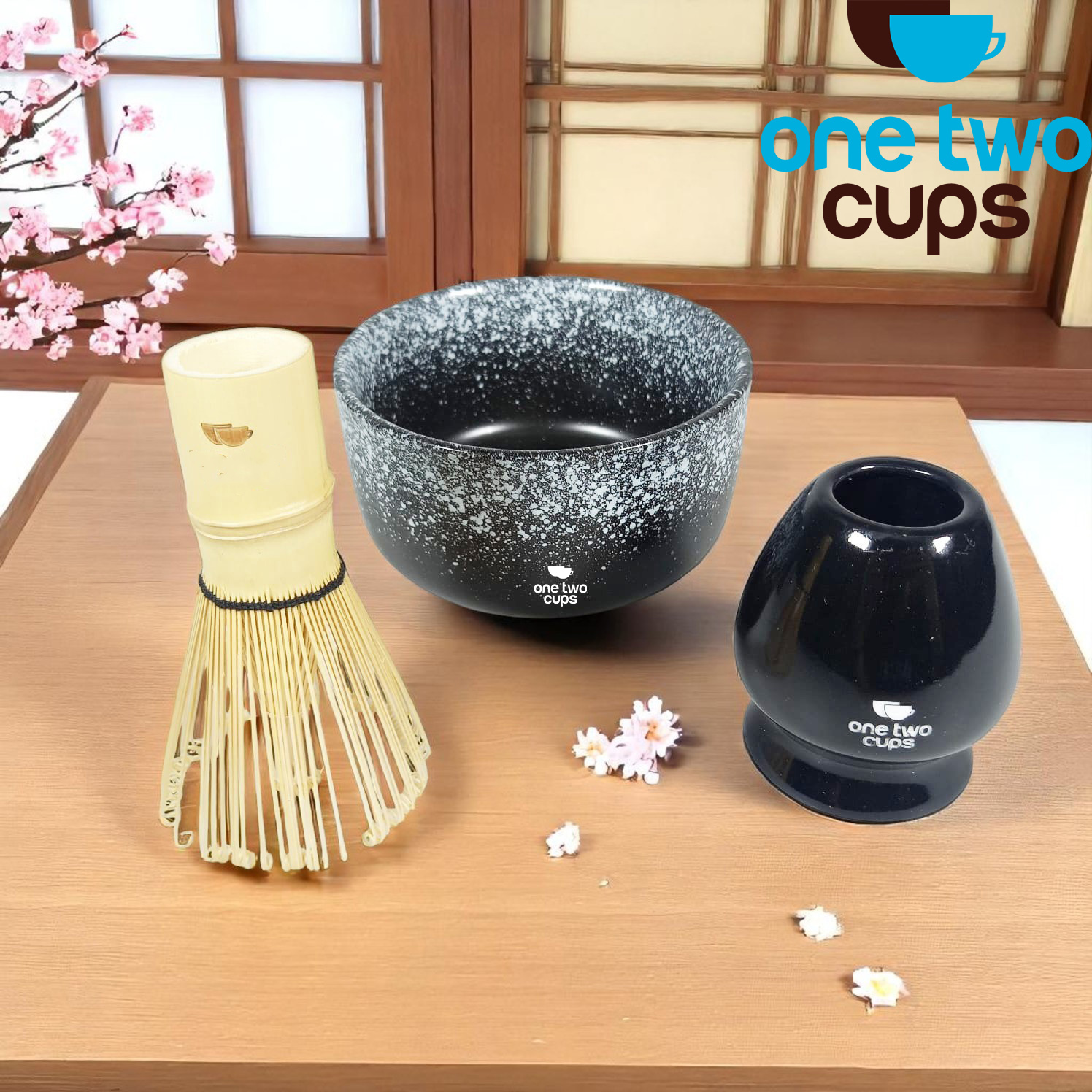 One Two Cups Matcha Set Kit Chawan Chasen Stand Chashaku Chakoshi - DB06 Gambar produk One Two Cups Matcha Set Kit Chawan Chasen Stand Chashaku Chakoshi - DB06