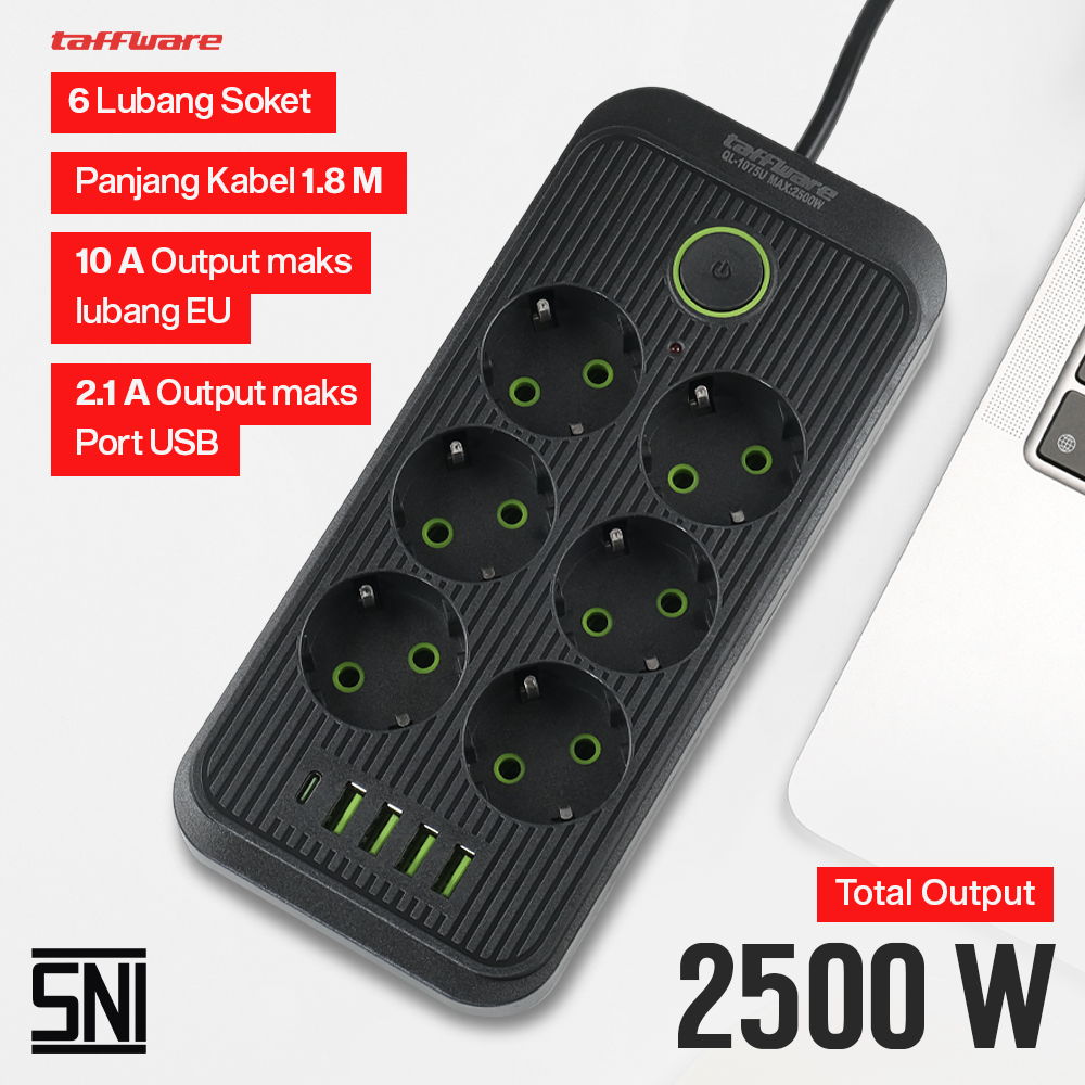 Gambar produk Taffware Stop Kontak Kabel USB Type C 10A 110-250V 2500W 1.8M 6 Lubang - QL-1075U