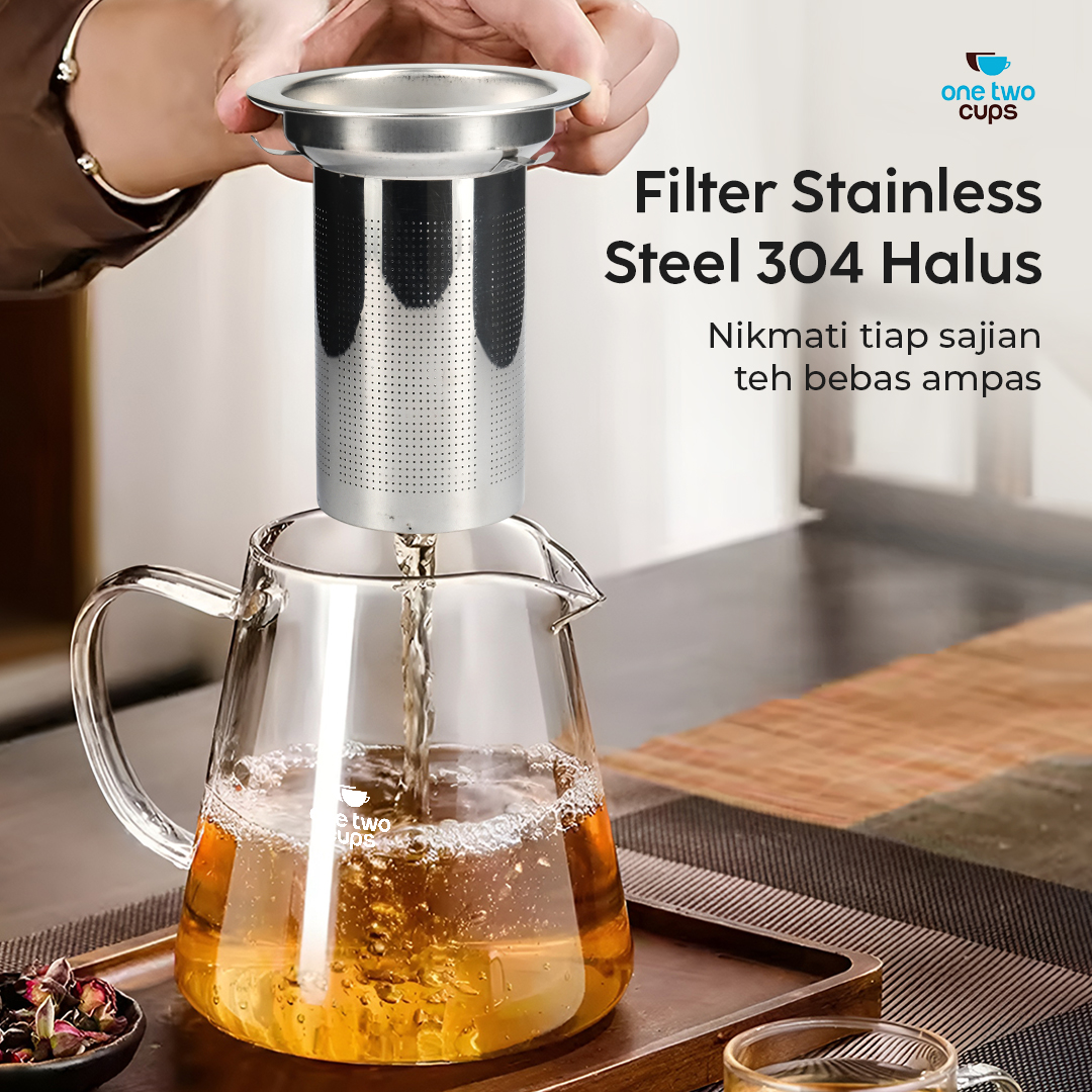 One Two Cups Teko Teh Kaca Saringan Tahan Panas Api Infuser Teapot 950ml - TP-760 Gambar produk One Two Cups Teko Teh Kaca Saringan Tahan Panas Api Infuser Teapot 950ml - TP-760