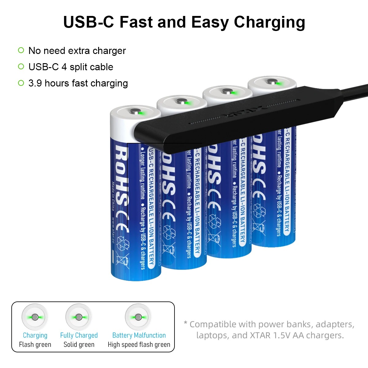 XTAR Baterai Rechargeable AA LR Type C 1.5V 2.5A 4 PCS 3000mAh - XT-40 Gambar produk XTAR Baterai Rechargeable AA LR Type C 1.5V 2.5A 4 PCS 3000mAh - XT-40