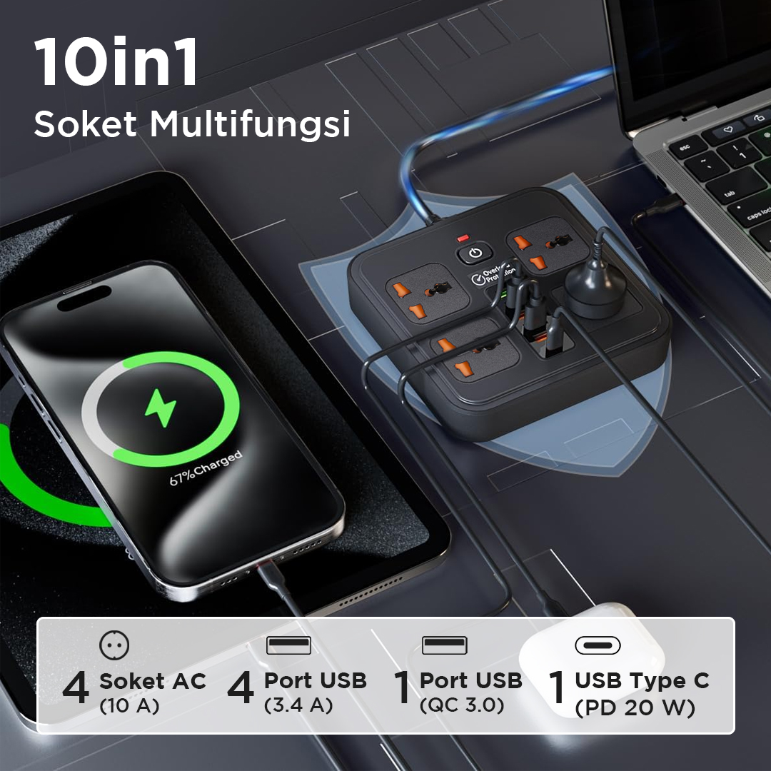 AMJ Stop Kontak Kabel USB Type C PD 10A 250V 3000W 2M 4 Lubang - BKL-666 Gambar produk AMJ Stop Kontak Kabel USB Type C PD 10A 250V 3000W 2M 4 Lubang - BKL-666