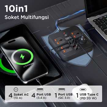 Gambar produk AMJ Stop Kontak Kabel USB Type C PD 10A 250V 3000W 2M 4 Lubang - BKL-666