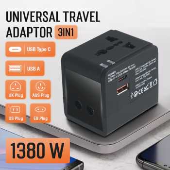 COKYI Travel Adaptor Universal Plug EU UK US/AU 3A USB A USB C - 148-30W-1U1C
