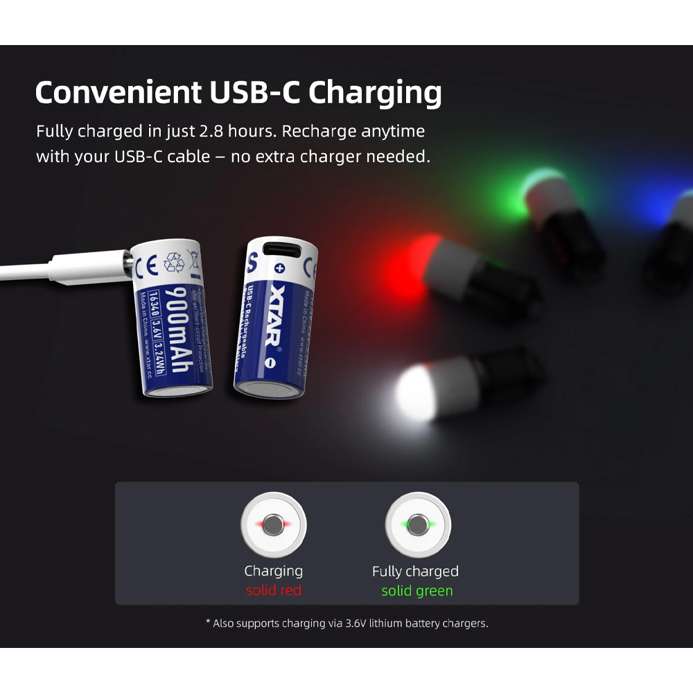 XTAR Baterai Rechargeable 16340 Li-Ion 900mAh Type C 3.6V 2.7A 1 PCS - XT-90 Gambar produk XTAR Baterai Rechargeable 16340 Li-Ion 900mAh Type C 3.6V 2.7A 1 PCS - XT-90