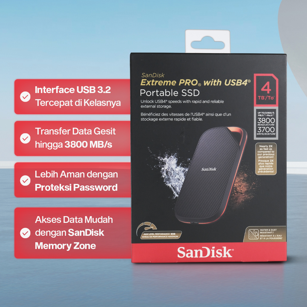 SanDisk Extreme PRO Portable SSD 3800MB/s USB Type C 4.0 4TB - SDSSDE82 Gambar produk SanDisk Extreme PRO Portable SSD 3800MB/s USB Type C 4.0 4TB - SDSSDE82