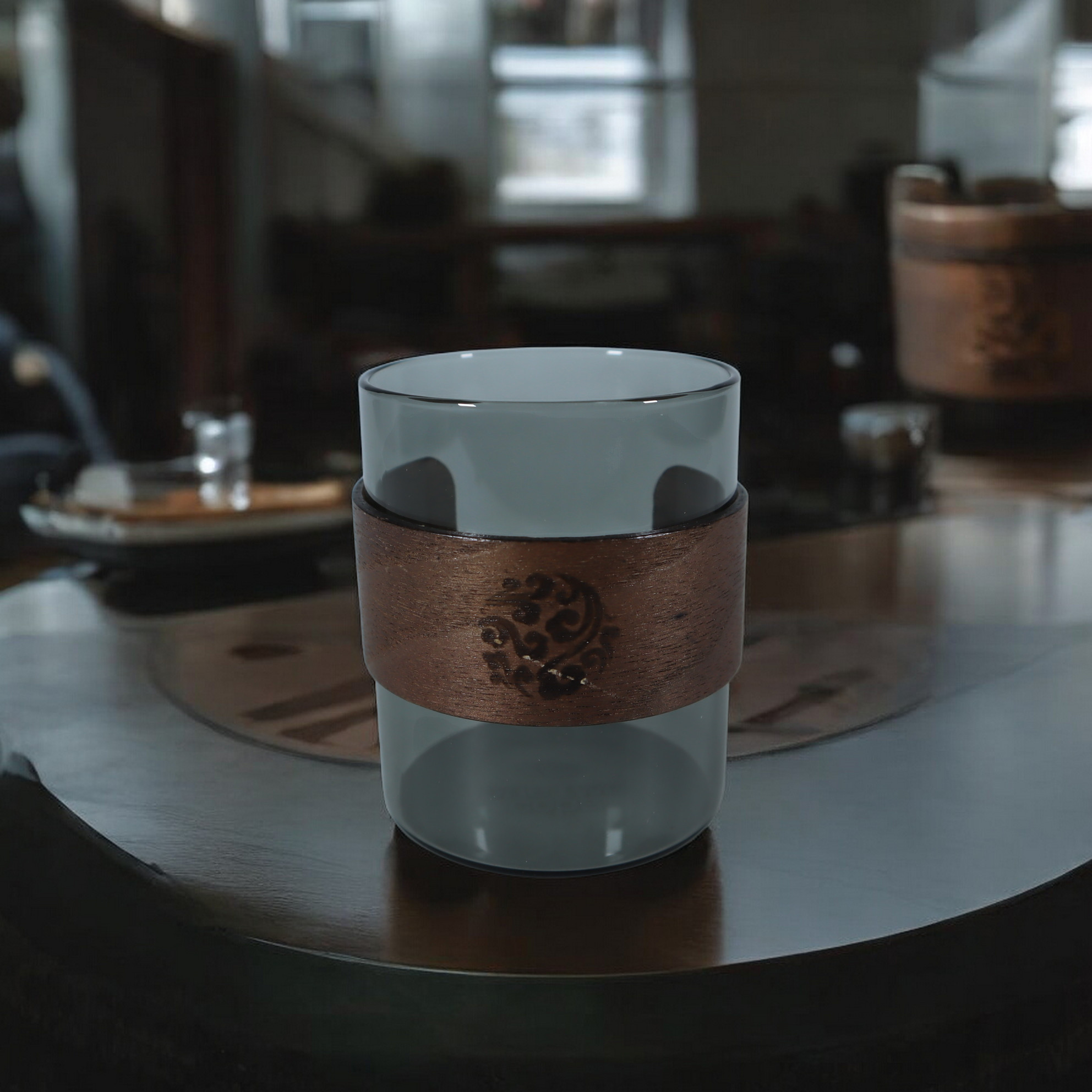 Gambar produk One Two Cups Gelas Teh Kopi Glass Tea Cup Borosilicate Wood Ring 200ml - LU2