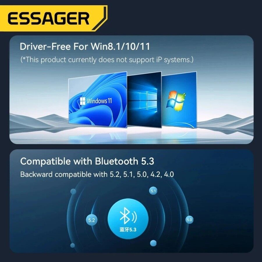 ESSAGER USB Bluetooth 5.3 Adapter Receiver Transmitter Dongle for PC - EBT53-JH01-P Gambar produk ESSAGER USB Bluetooth 5.3 Adapter Receiver Transmitter Dongle for PC - EBT53-JH01-P