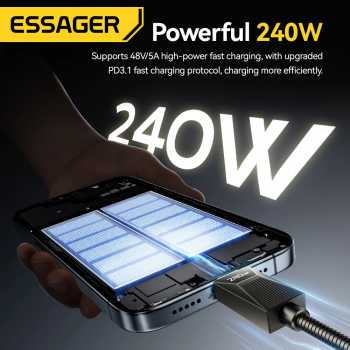 Gambar produk ESSAGER Kabel Data Type C to Type C PD Fast Charging Braided 5A 1M 240W - ES-X75