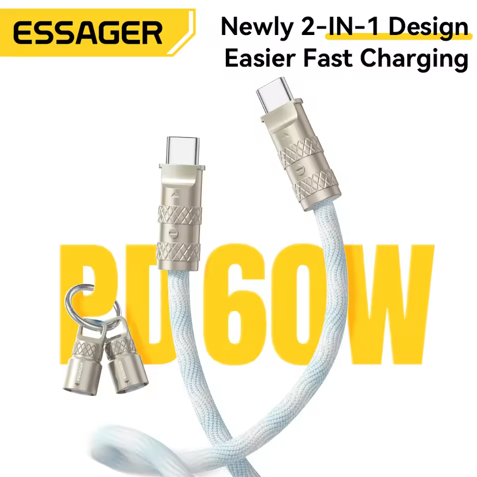 ESSAGER Kabel Data 2in1 Lanyard USB Type-C Fast Charging PD 60W 1.2M - EXCTT2-JC01-P Gambar produk ESSAGER Kabel Data 2in1 Lanyard USB Type-C Fast Charging PD 60W 1.2M - EXCTT2-JC01-P