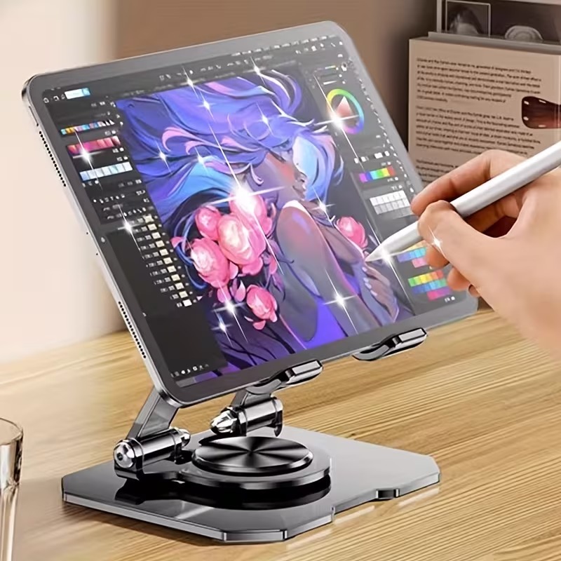 Keja Tablet Stand Holder 360 Degree Rotatable Foldable Anti Slip Metal - P3 Gambar produk Keja Tablet Stand Holder 360 Degree Rotatable Foldable Anti Slip Metal - P3