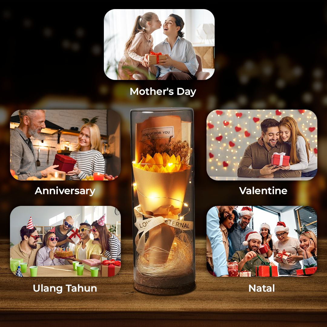 AINYROS Lampu Bunga Dekorasi LED Eternal Flower Dome Glass Cover Sunflower - AN2185 Gambar produk AINYROS Lampu Bunga Dekorasi LED Eternal Flower Dome Glass Cover Sunflower - AN2185