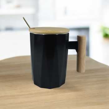 Gambar produk Yomu Cangkir Minum Keramik Wooden Handle Mug with Lid Spoon 7.5x11cm - YM15