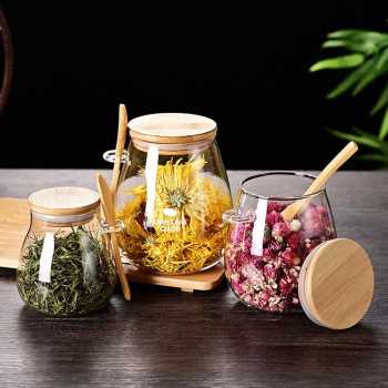 Gambar produk One Two Cups Toples Kaca Glass Food Storage Vintage Wooden with Spoon 350ml - INU144