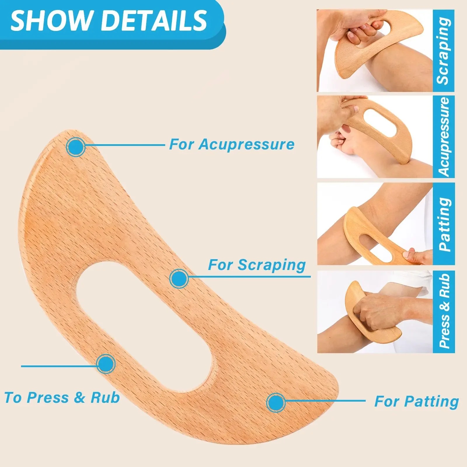 Gambar produk DUTRIEUX Alat Pijat Tubuh Gua Sha Kayu Wooden Massage Tool Moon Shaped - DT-19