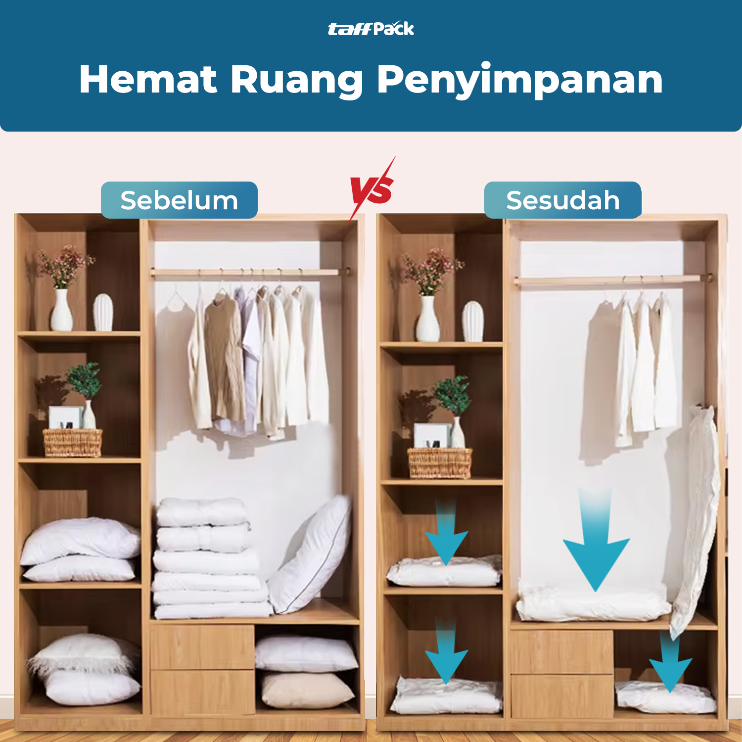 TaffPACK Kantong Plastik Vakum Pakaian Vacuum Bag 5 PCS 50x70cm - WB70 Gambar produk TaffPACK Kantong Plastik Vakum Pakaian Vacuum Bag 5 PCS 50x70cm - WB70