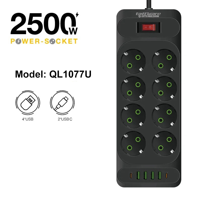 Gambar produk Taffware Stop Kontak Kabel USB Type C 10A 110-250V 2500W 1.8M 8 Lubang - QL-1077U / QL-1078U