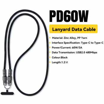 ESSAGER Kabel Data 2in1 Lanyard USB Type-C Fast Charging PD 60W 1.2M - EXCTT2-JC01-P