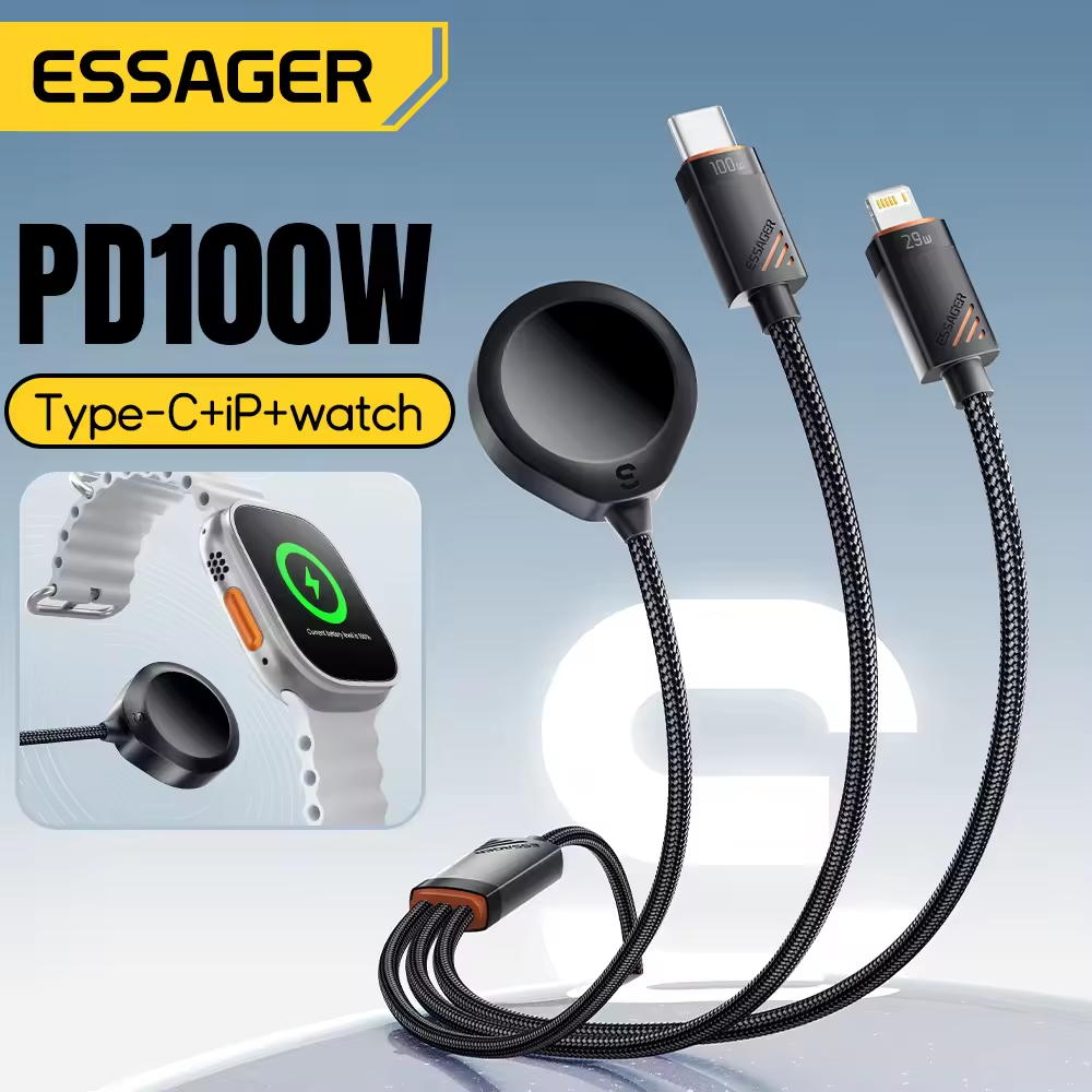 ESSAGER Kabel Charger 3in1 Magnetic Fast Charging 1.2M 480Mbps 100W - EXCSB-CY01-P Gambar produk ESSAGER Kabel Charger 3in1 Magnetic Fast Charging 1.2M 480Mbps 100W - EXCSB-CY01-P