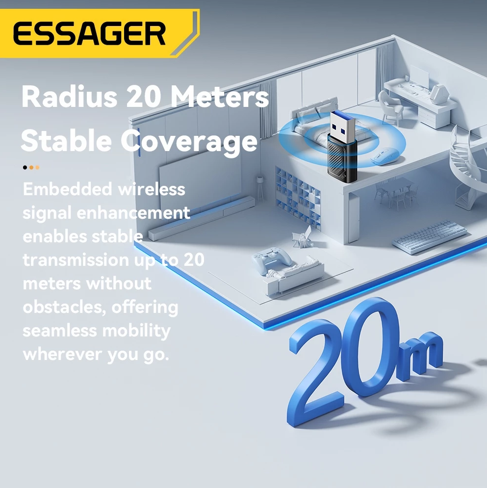 ESSAGER Adaptor Bluetooth 5.4 Dongle PC Laptop for Windows 8.1/10/11 - ES-BT16 Gambar produk ESSAGER Adaptor Bluetooth 5.4 Dongle PC Laptop for Windows 8.1/10/11 - ES-BT16