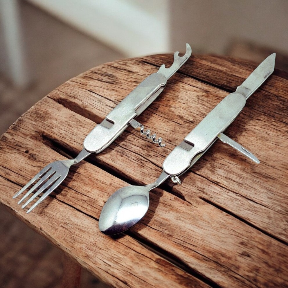 Sendok Garpu Pisau Swiss Army Tools Knife EDC Multifungsi 6in1 - A007 Gambar produk Sendok Garpu Pisau Swiss Army Tools Knife EDC Multifungsi 6in1 - A007