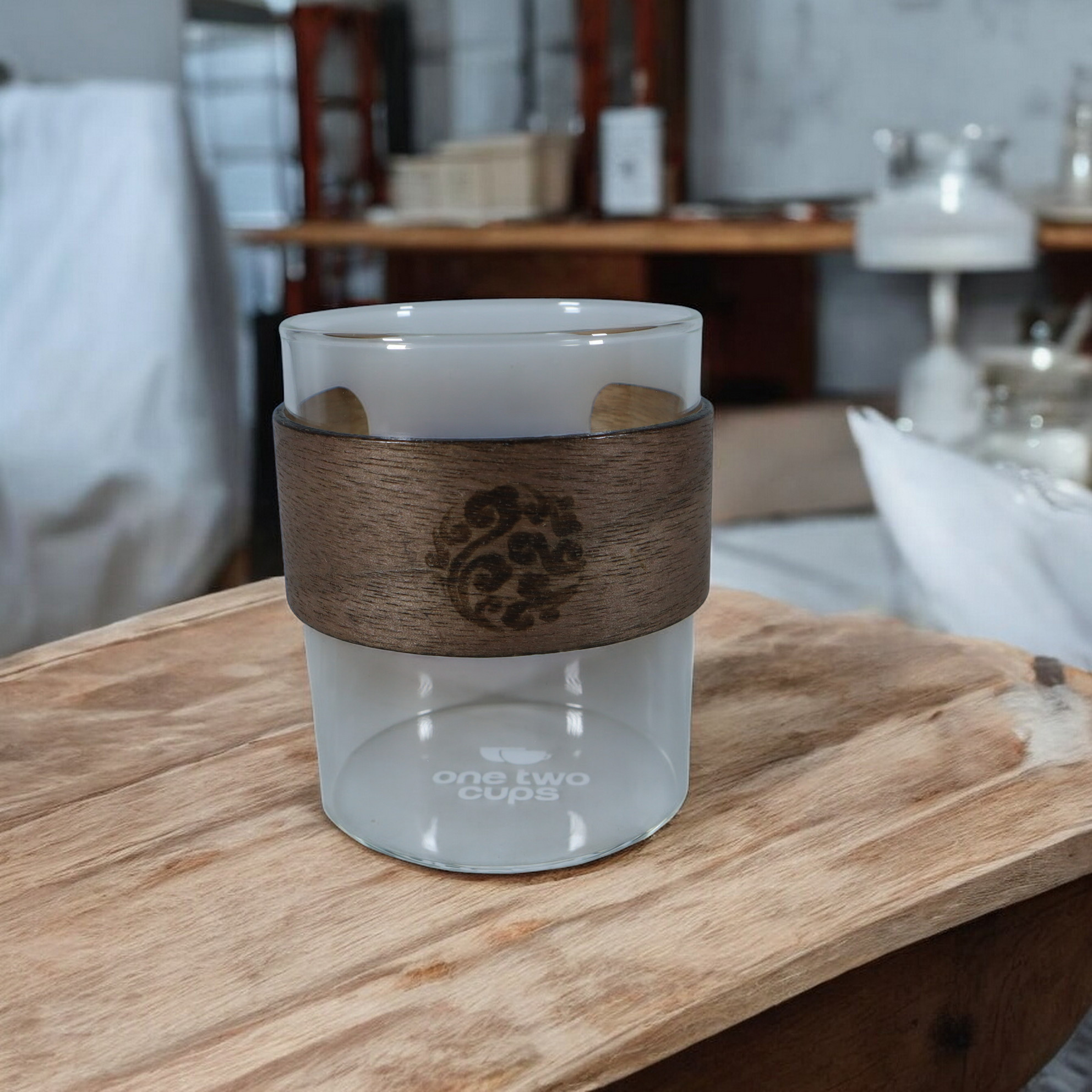 Gambar produk One Two Cups Gelas Teh Kopi Glass Tea Cup Borosilicate Wood Ring 200ml - LU2