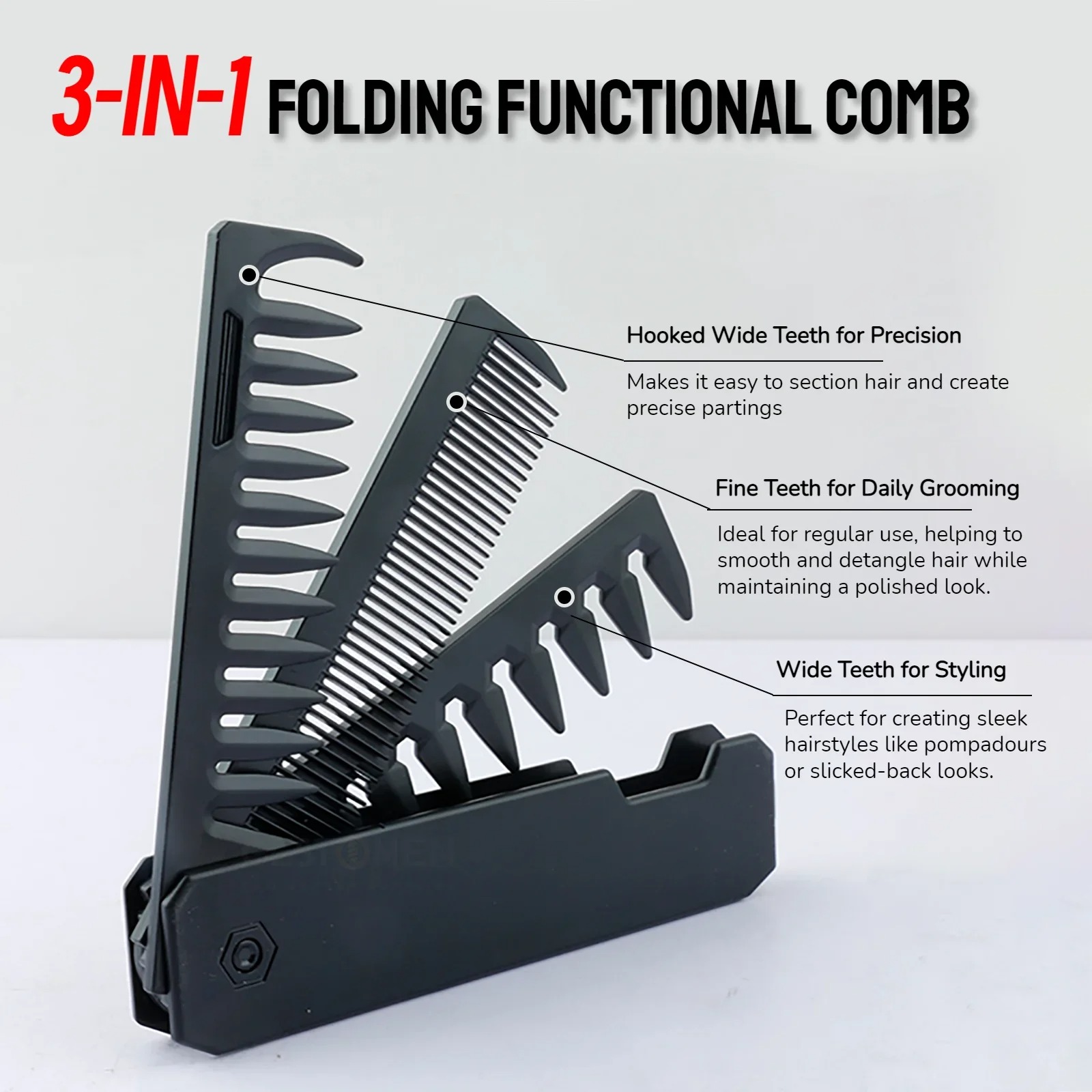 Gambar produk Desslo Sisir Rambut Lipat 3in1 Folable Hair Comb Fine Wide Tooth - DS-31