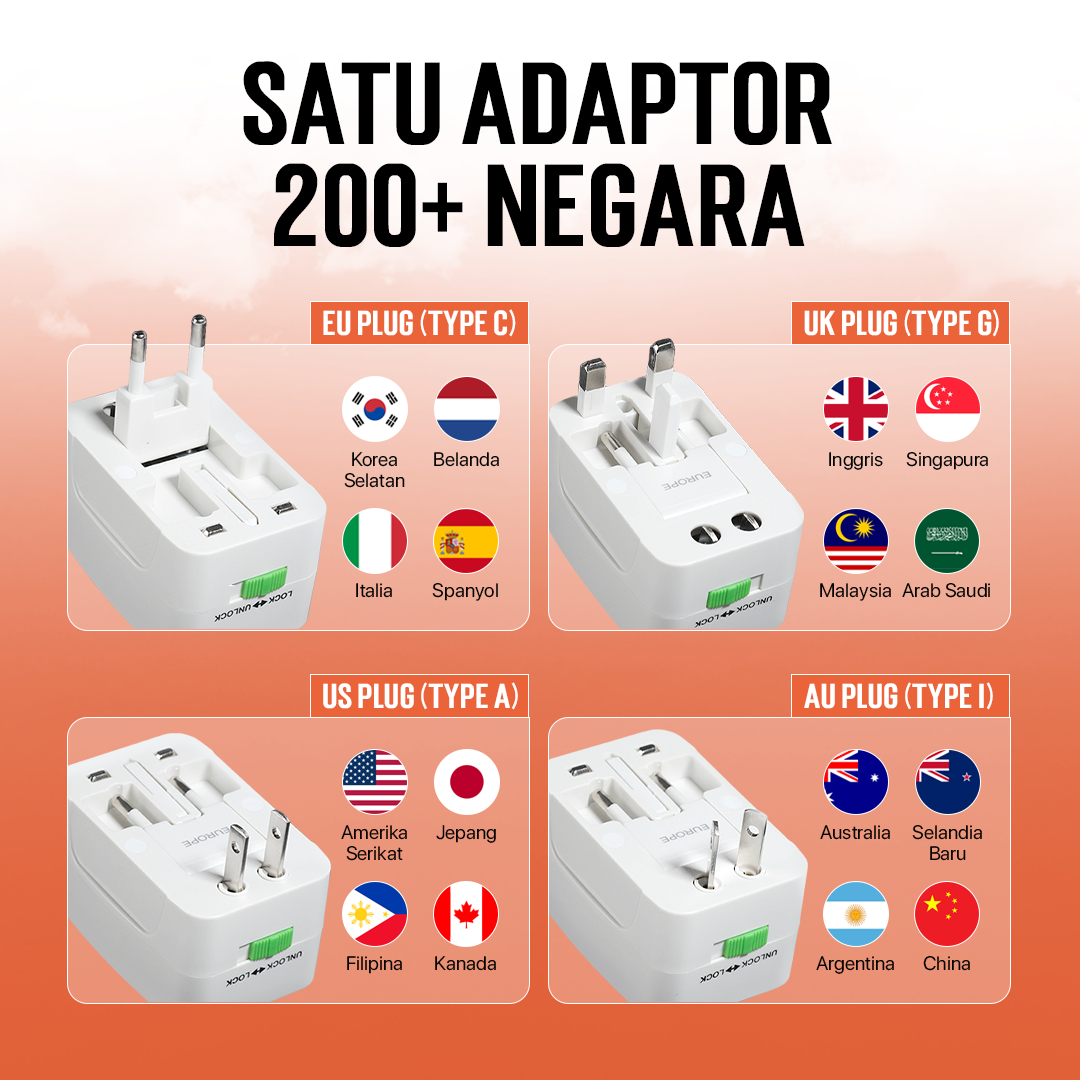 USBO Universal Travel Adaptor Colokan Charger Adapter EU UK AU/US 13A - 931L Gambar produk USBO Universal Travel Adaptor Colokan Charger Adapter EU UK AU/US 13A - 931L