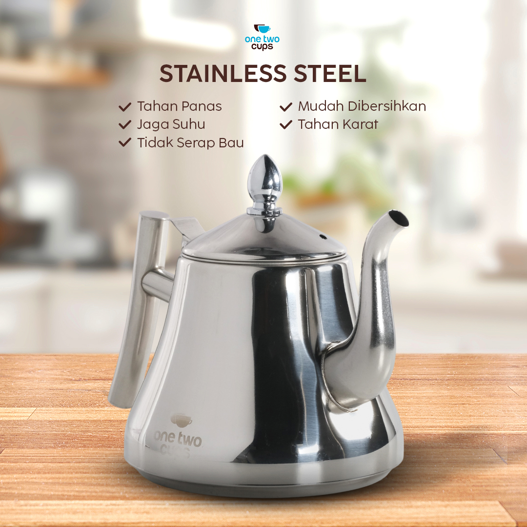 One Two Cups Teko Air Panas Teh Teapot Stainless Steel 1L with Filter - HS4012 Gambar produk One Two Cups Teko Air Panas Teh Teapot Stainless Steel 1L with Filter - HS4012