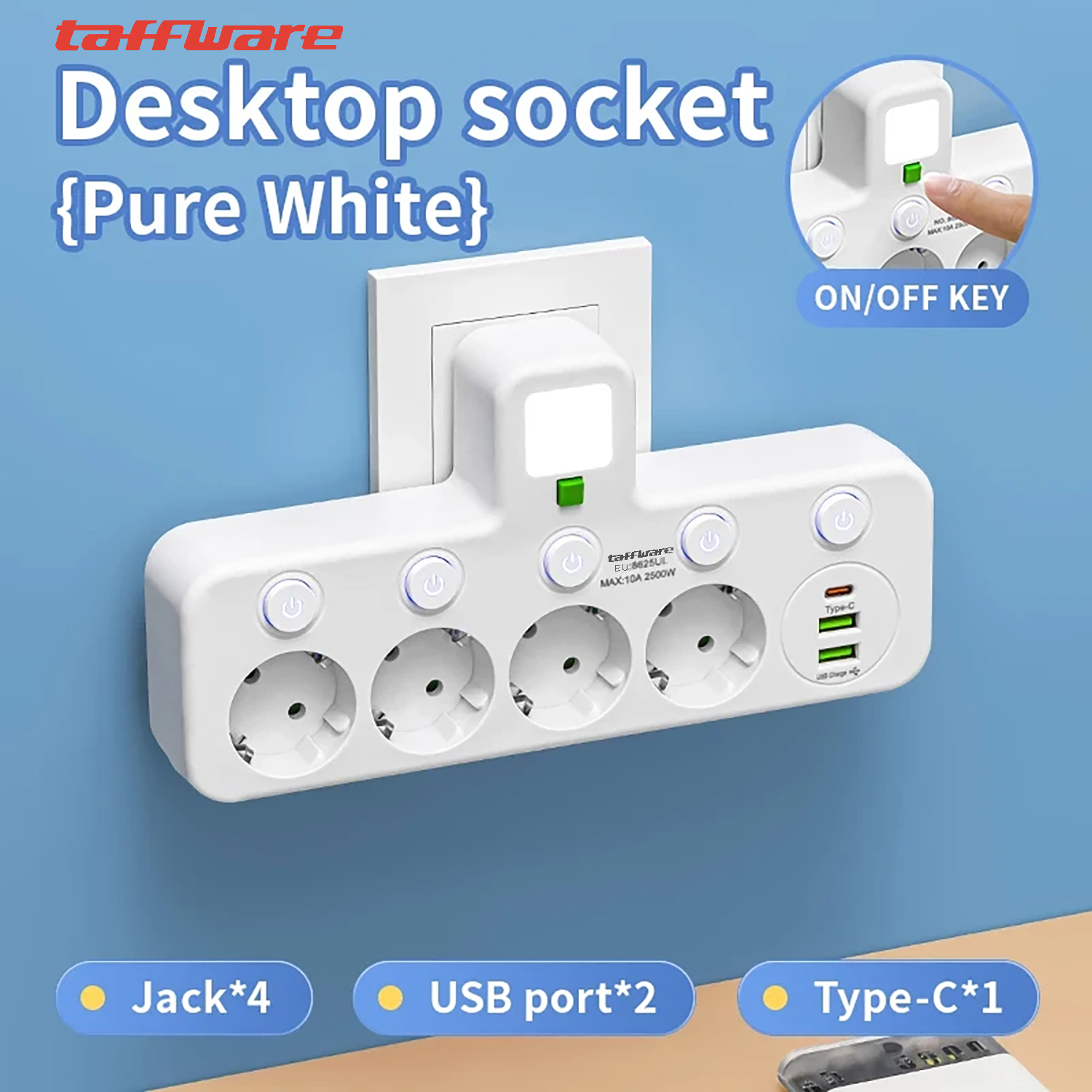 Taffware Stop Kontak 4 Lubang USB Type C EU Plug 10A 110-250V 2500W - EU-8625UL Gambar produk Taffware Stop Kontak 4 Lubang USB Type C EU Plug 10A 110-250V 2500W - EU-8625UL